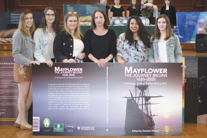 Mayflower-anthology-BA-English-with-Publishing-students-with-MA-Publishing-student-Nathalie-Denzey-and-the-anthologys-cover Mayflower-anthology-BA-English-with-Publishing-students-with-MA-Publishing-student-Nathalie-Denzey-and-the-anthologys-cover