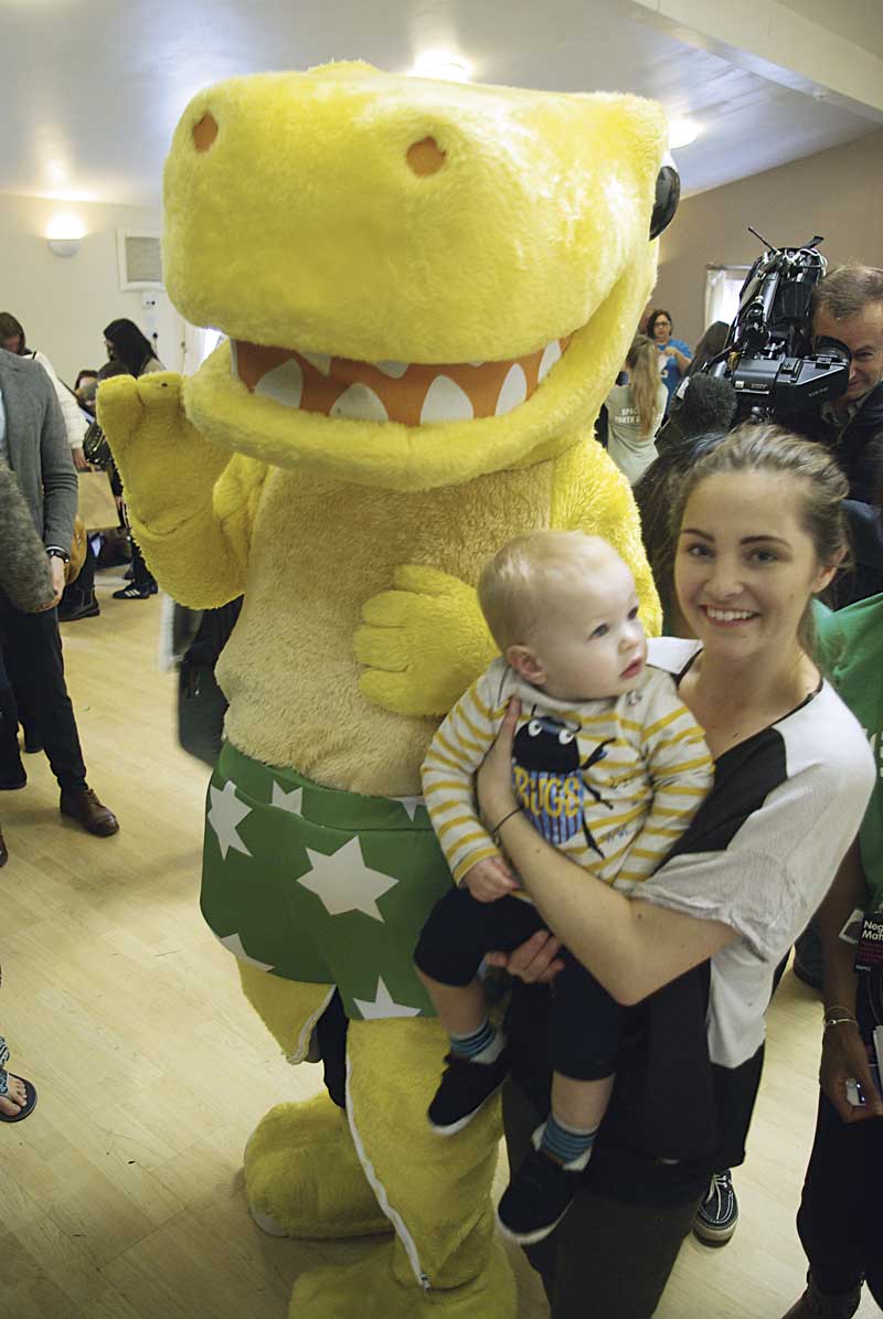 Little Frazer Wood pictured with his mum Steph and NSPCC mascot Pantosaurus