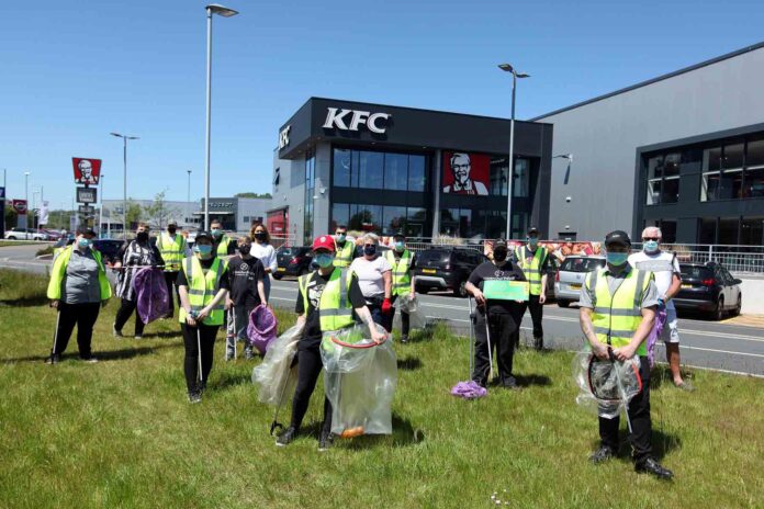 Members of the KFC team at Marsh Mills preparing to start their litter pick Members of the KFC team at Marsh Mills preparing to start their litter pick