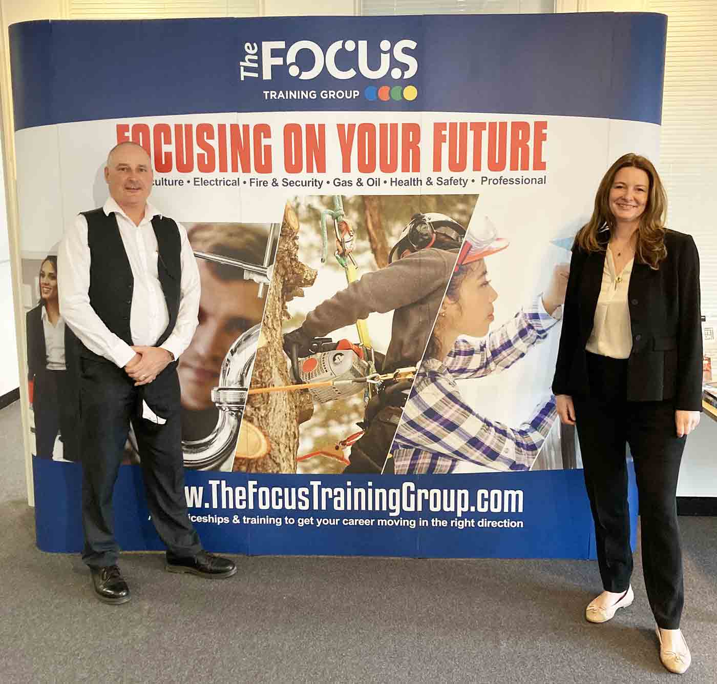Jamie Rail, managing director of Focus Training Group, welcomes MP Gillian Keegan, the Minister for Apprenticeships and Skills for a tour of the Exeter Skills Bootcamp