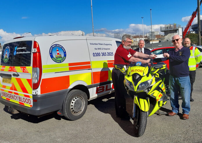 Lions Club President Jeff Horgan presents the cheque to Mark Bentley, chair of South West Blood Bikes Lions Club President Jeff Horgan presents the cheque to Mark Bentley, chair of South West Blood Bikes