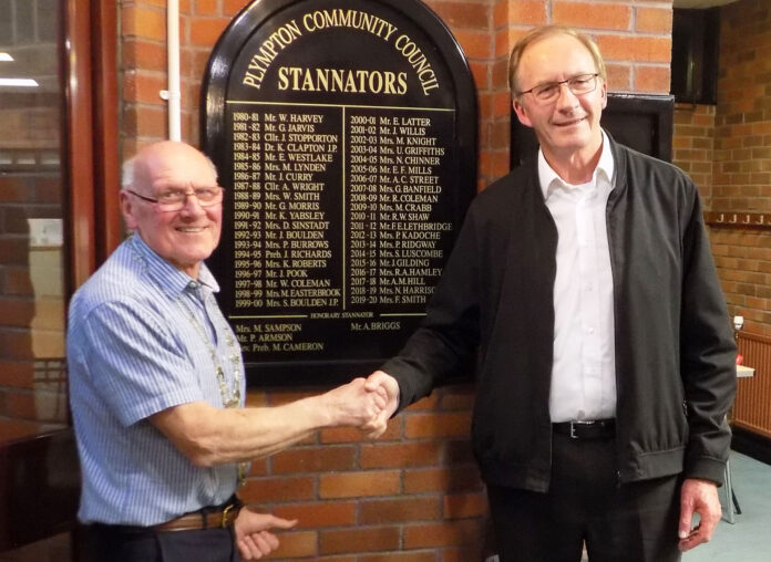 New Plympton Community Council chairman John Gilding congratulates Pastor Arno Bessel on being elected the next Stannator of Plympton New Plympton Community Council chairman John Gilding congratulates Pastor Arno Bessel on being elected the next Stannator of Plympton