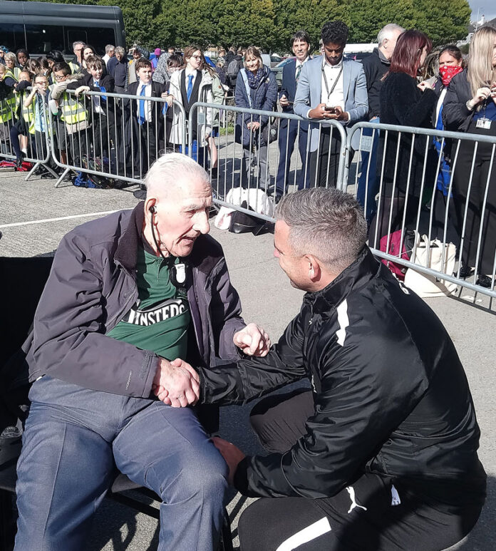 Charlie Trevethan, who is 96, chatting with Argyle manager Steve Schumacher at the unveiling ceremony Charlie Trevethan, who is 96, chatting with Argyle manager Steve Schumacher at the unveiling ceremony