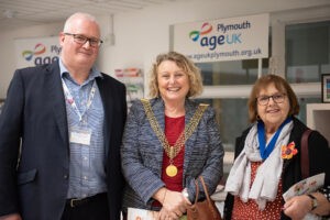 Celebration...(from left) David Wood, Age UK Plymouth CEO,
Sue Dann, Lord Mayor and Councillor for Sutton and Mount
Gould, Mary Aspinall, Councillor for Sutton and Mount Gould
and Chair of the Health and Adult Social Care Overview
Committee