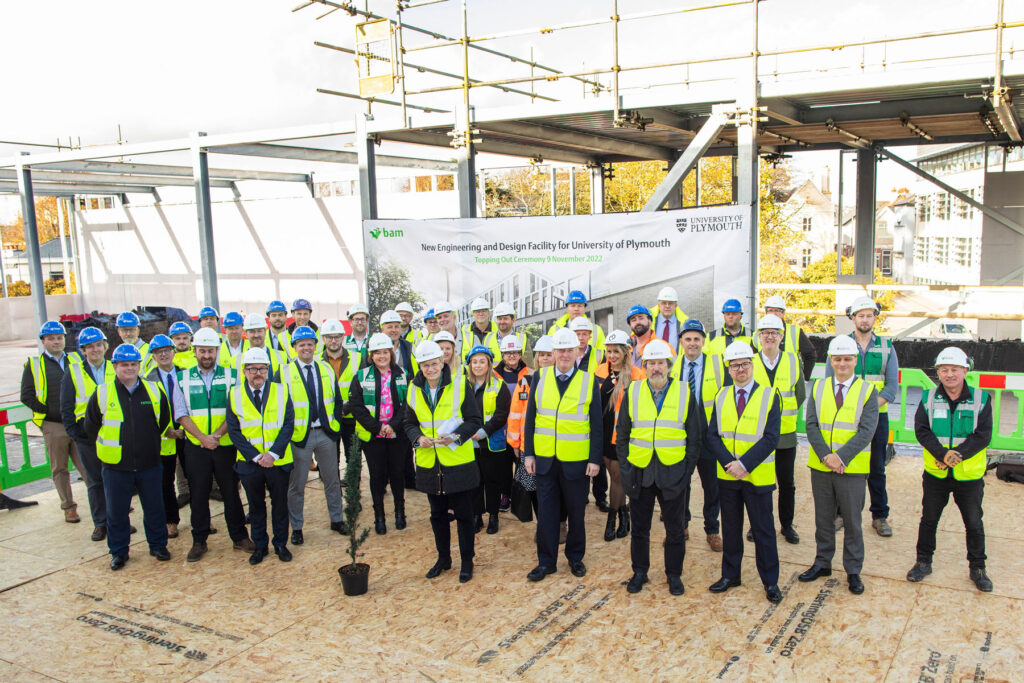 Representatives from the contractors and the Universityof Plymouth at the topping out ceremony