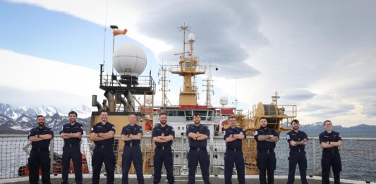 Members of HMS Protector’s Weapon Engineering Department on the ships flight deck