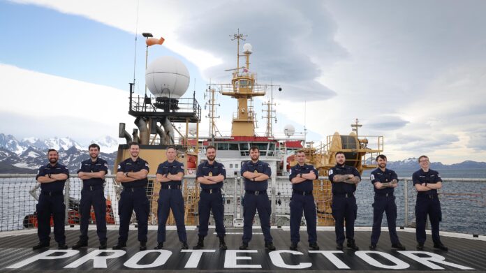 HMS PROTECTOR WEAPON ENGINEERING DEPARTMENT Members of HMS Protector’s Weapon Engineering Department on the ships flight deck