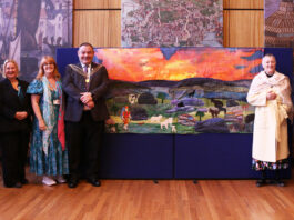 Pictured in front of the mural at Plymouth Council House (from left): Retired City College lecturer Chris Little, Skills Development programme manager Michael Dugdale, City College Plymouth chief executive, Jackie Grubb, lecturer for Learning Difficulties and Disabilities Sue Evans, Lord Mayor of Plymouth Mark Shayer, chairman of the Arts Society South Devon Jane Howlett, Deputy Lord Mayor Kathy Watkin and Consort, Councillor Zoe Reilly