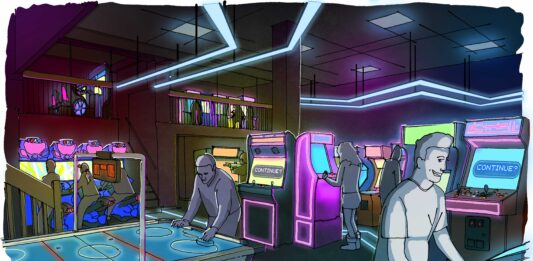 concept art of an arcade hand rendered