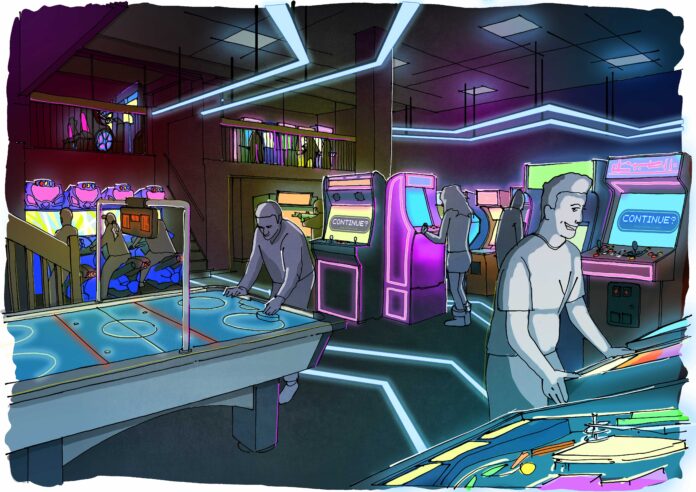 Continue Concept Ground Floor-resize concept art of an arcade hand rendered