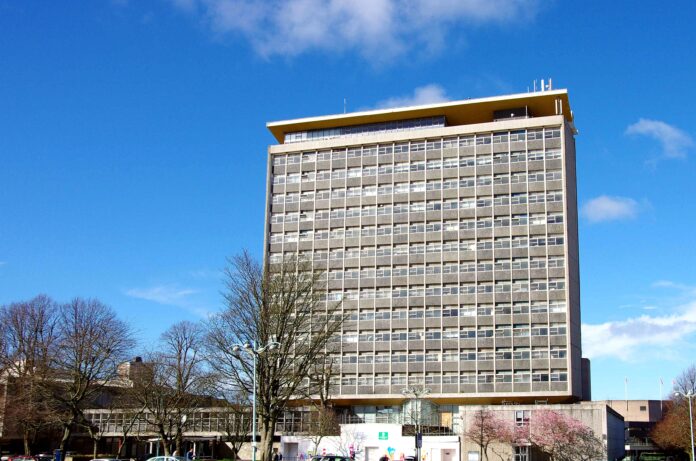 Civic Centre Plymouth England. Grade two listed public building. Once Council Offices not awaiting renovation. Built circa 1960. Civic Centre Plymouth
